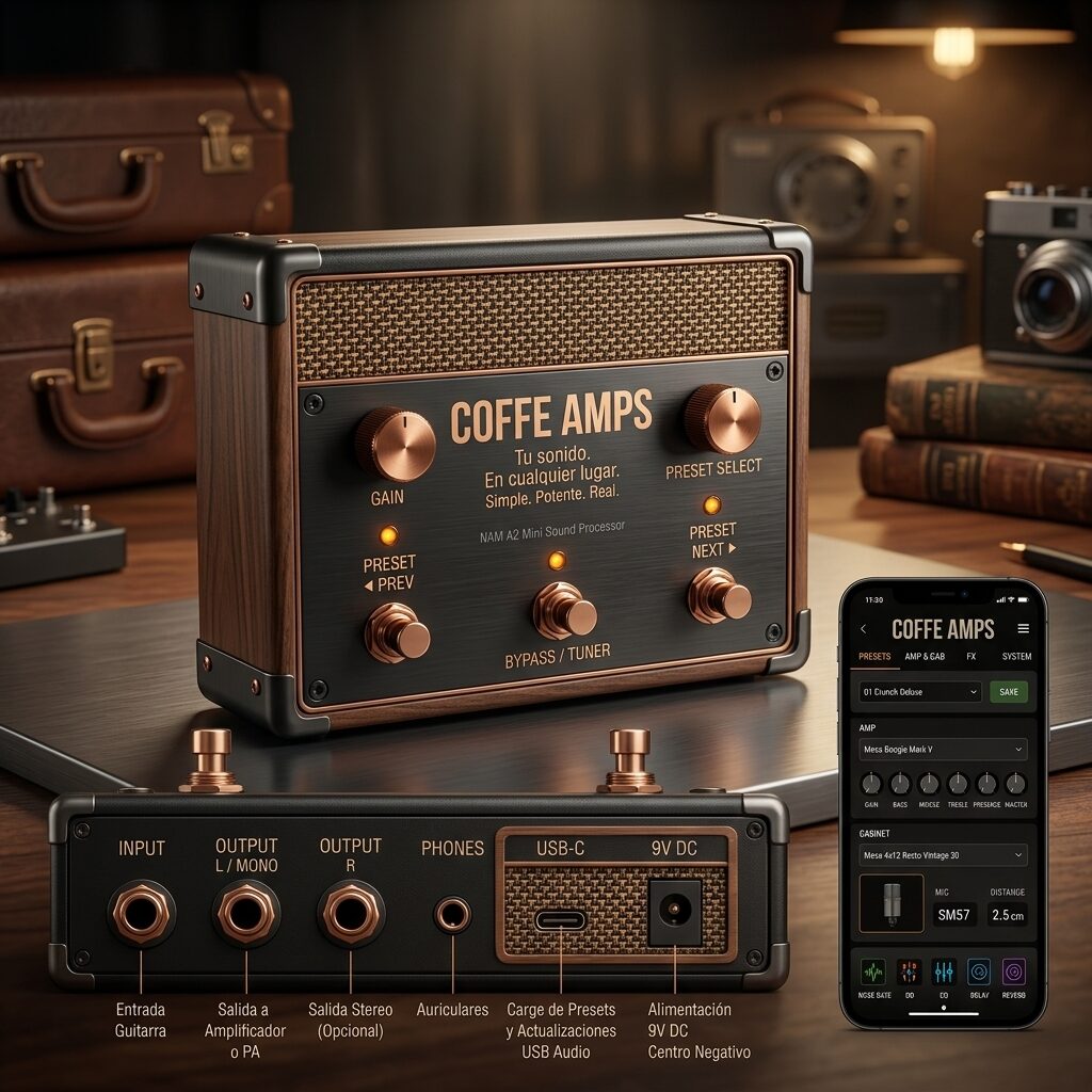 COFFEE AMPS Pedal Mini, a compact black floor pedal with two footswitches, shown on a wooden desk beside a phone running the companion app