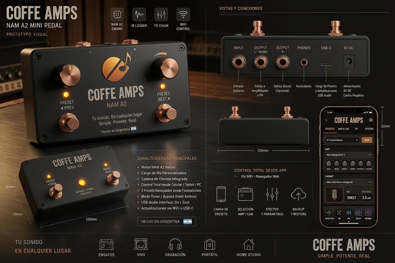 COFFEE AMPS Pedal Stage, the larger floor pedal with two footswitches and full stereo input and output connections