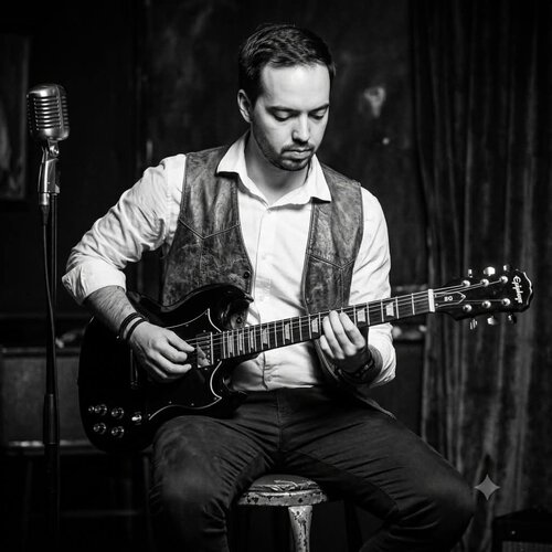 Portrait of Martin Battle playing guitar
