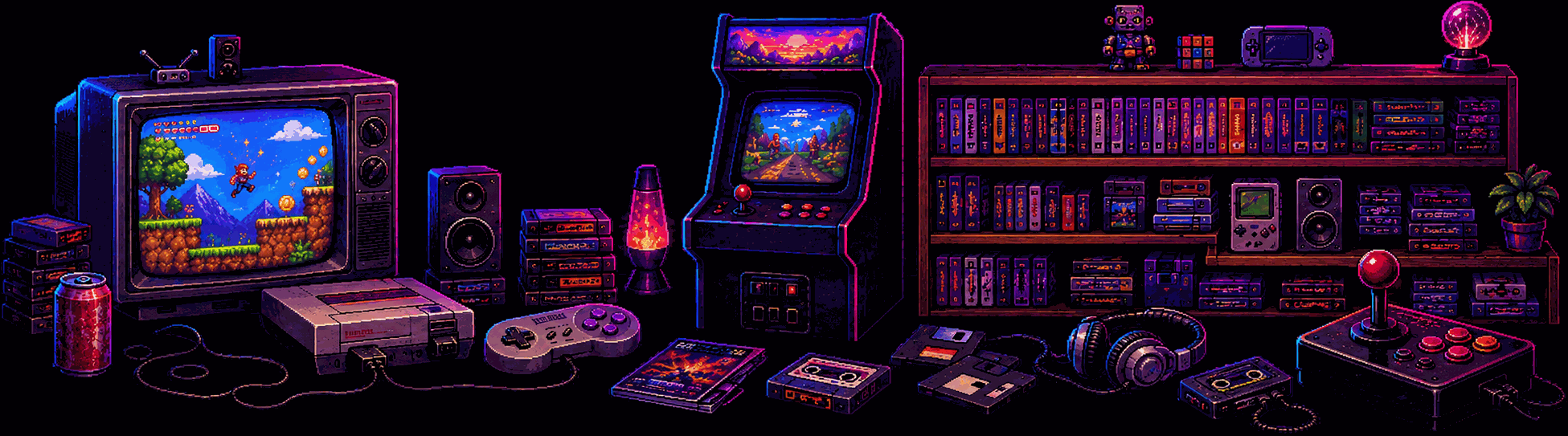 Bandeau panoramique rétro 80/90 en pixel art détaillé : TV cathodique, borne d'arcade, consoles, joystick et bibliothèque remplie de jeux