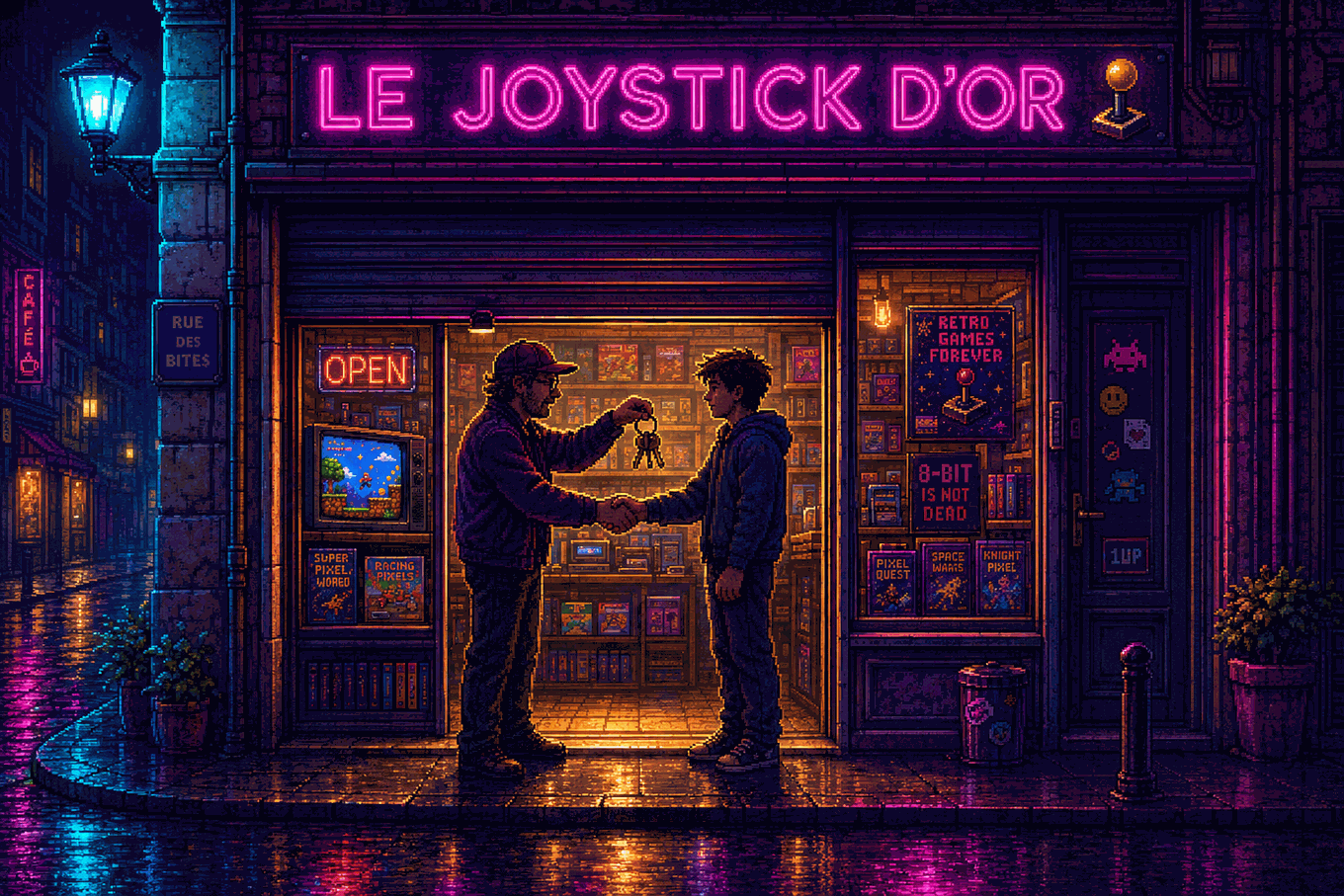 La devanture du Joystick d'Or, de nuit
