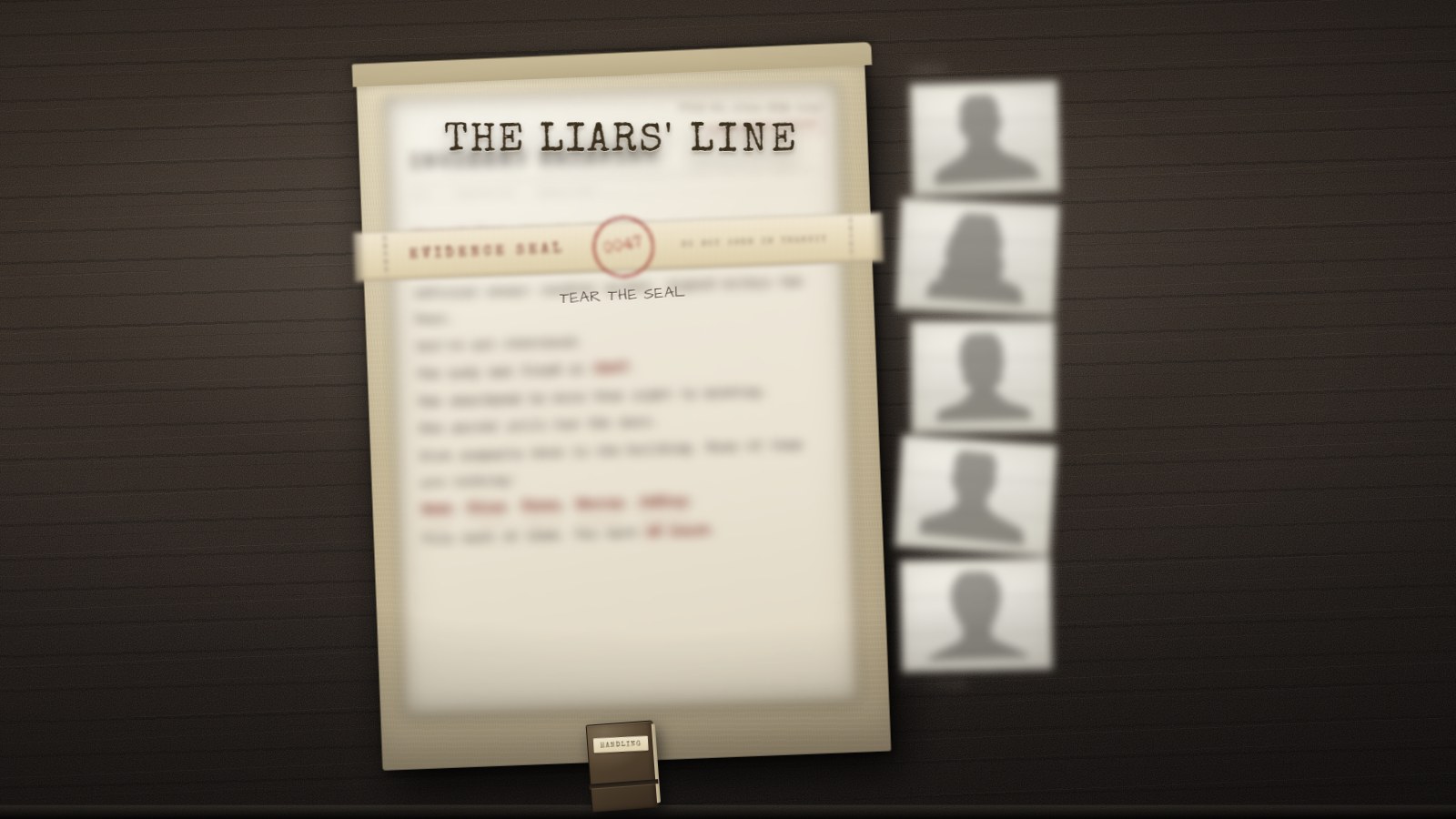 A sealed evidence folder titled THE LIARS' LINE on a desk, with five empty lineup slots beside it