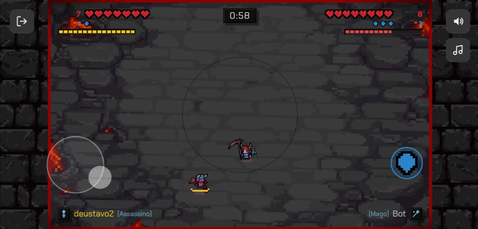 Partida em celular com os dois joysticks virtuais e o botão de escudo sobre a arena