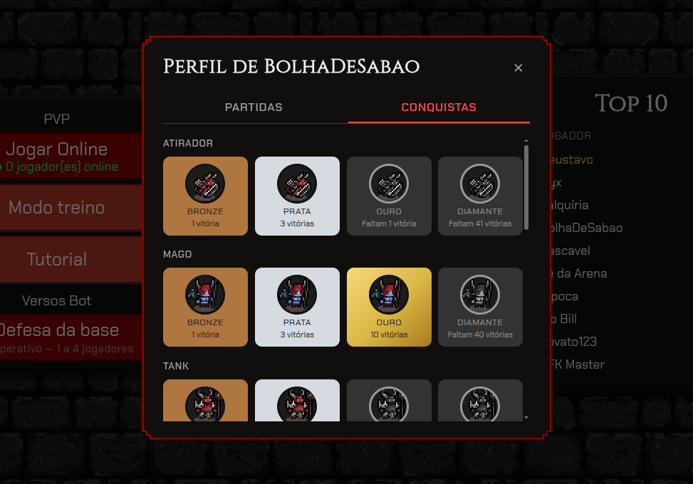 Aba de conquistas do perfil, com as medalhas por classe