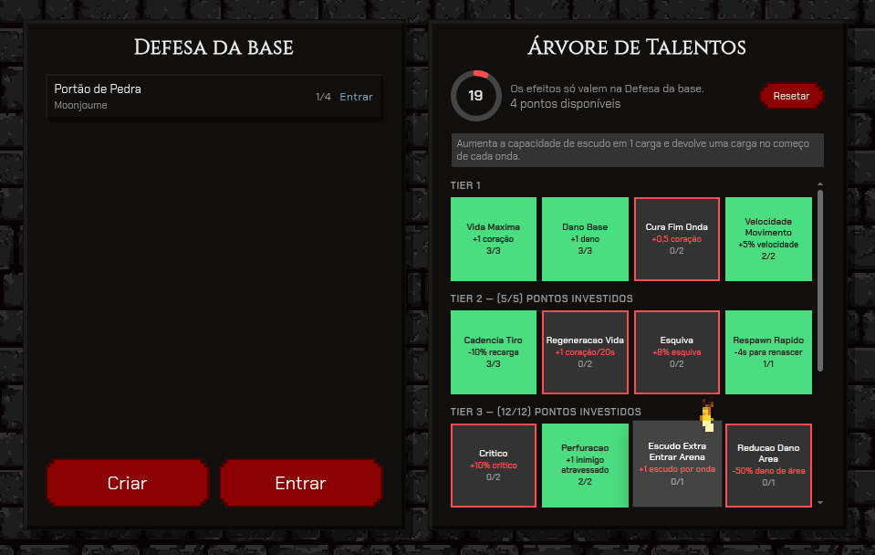 Tela da Defesa da base com a lista de salas à esquerda e a árvore de talentos à direita: anel de nível 19, quatro pontos disponíveis, botão de resetar e os tiers 1 a 3 em cartões