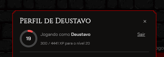Topo da modal de perfil com o anel de nível 19 preenchido em vermelho, ao lado de "Jogando como Deustavo" e da linha "300 / 4441 XP para o nível 20"