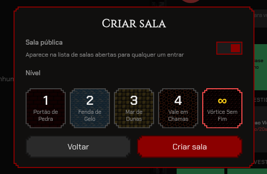 Modal "Criar sala" da Defesa da base, com os cinco quadrados de nível lado a lado, cada um usando a textura de chão do próprio nível como fundo, e o Vórtice Sem Fim selecionado mostrando ∞ no lugar do número