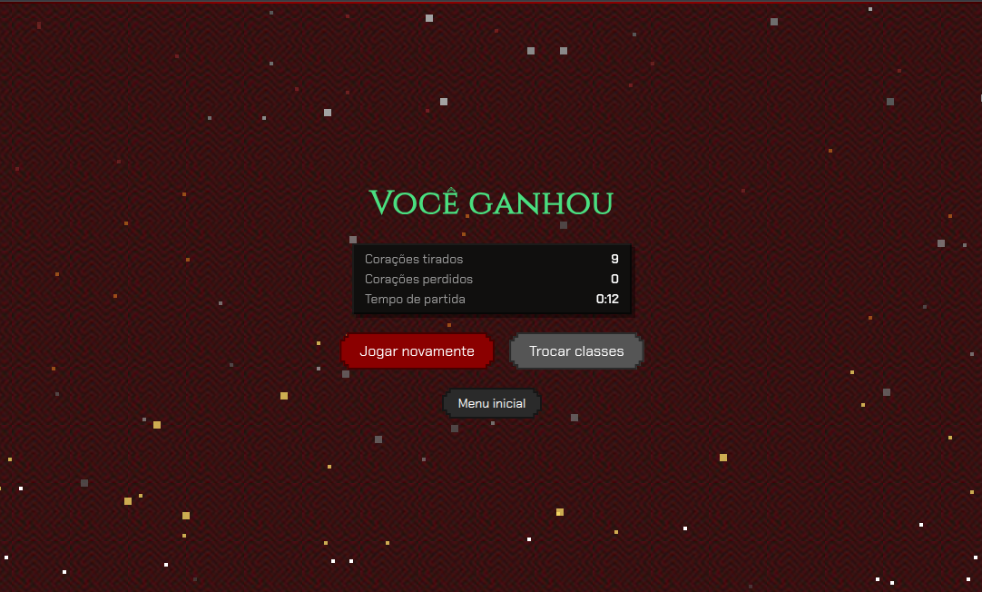 Tela de fim de partida de um duelo 1x1: "Você ganhou" em verde, com o resumo em três linhas sobre o fundo vermelho escuro com cinza caindo e brasas amarelas subindo