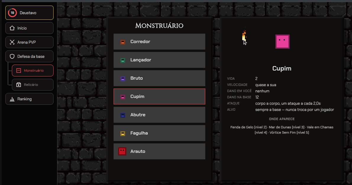 Monstruário aberto: à esquerda a barra lateral do menu, com "Monstruário" e "Relicário" recuados sob "Defesa da base"; no meio a lista dos sete inimigos; à direita a ficha do Cupim