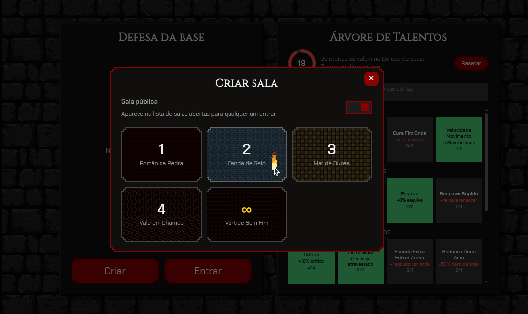 Modal "Criar sala" com os cinco quadrados de nível lado a lado, cada um clicável direto, sem botão de confirmar, e um botão de fechar no canto da modal