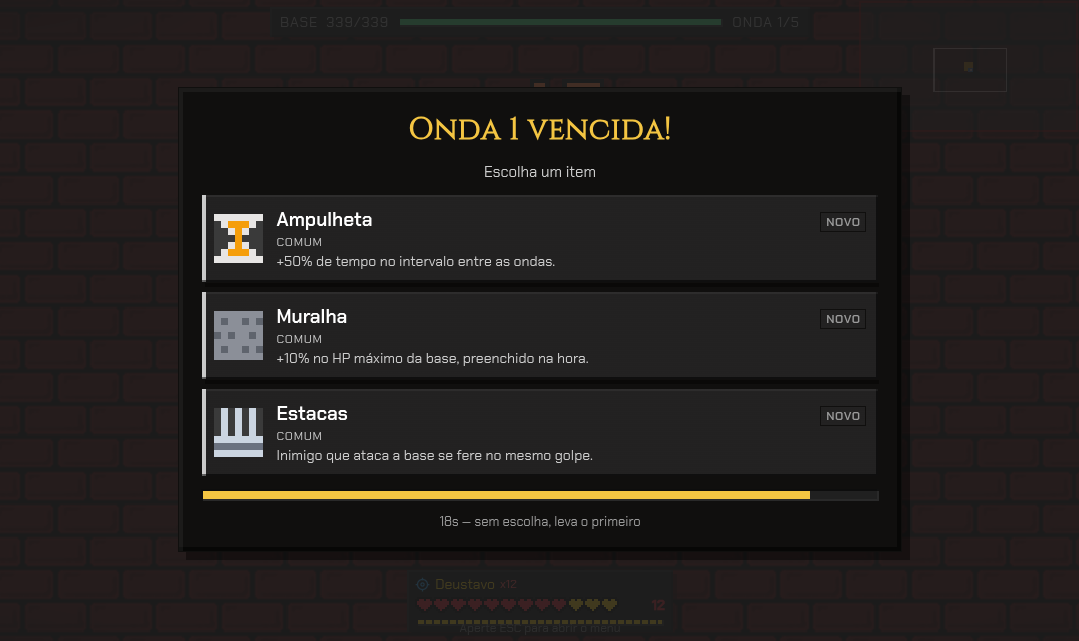 Tela de escolha de item ao vencer a onda 1: três opções, Ampulheta, Muralha e Estacas, cada uma marcada "NOVO", com a barra de tempo de escolha embaixo
