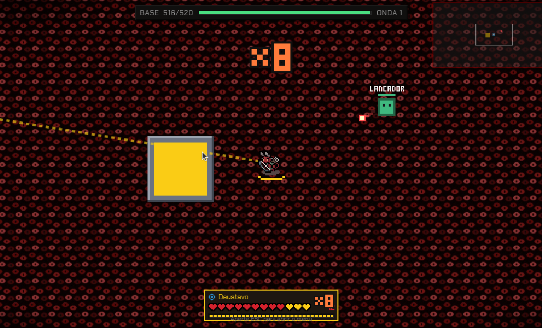 Partida da Defesa da base na onda 1, com a barra de vida da base no topo e o mini-mapa no canto: no rodapé fica o cartão do jogador, com o nome, a fileira de corações e o item colhido no canto direito, e é nesse canto do cartão que o contador de sequência aparece