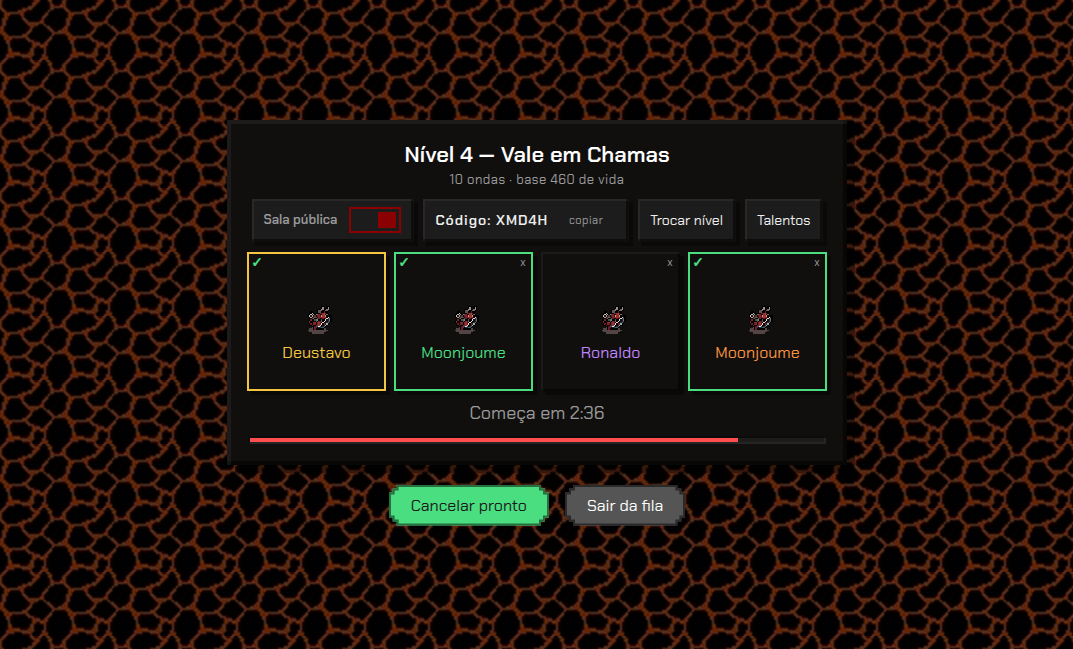 Sala de espera do "Nível 4, Vale em Chamas" com quatro jogadores: três cartões trazem o check verde de quem já confirmou e um ainda não, cada nome na cor do slot dele; acima ficam o interruptor de sala pública, o código da sala e os botões "Trocar nível" e "Talentos", e embaixo a contagem "Começa em 2:36" sobre o botão "Cancelar pronto"