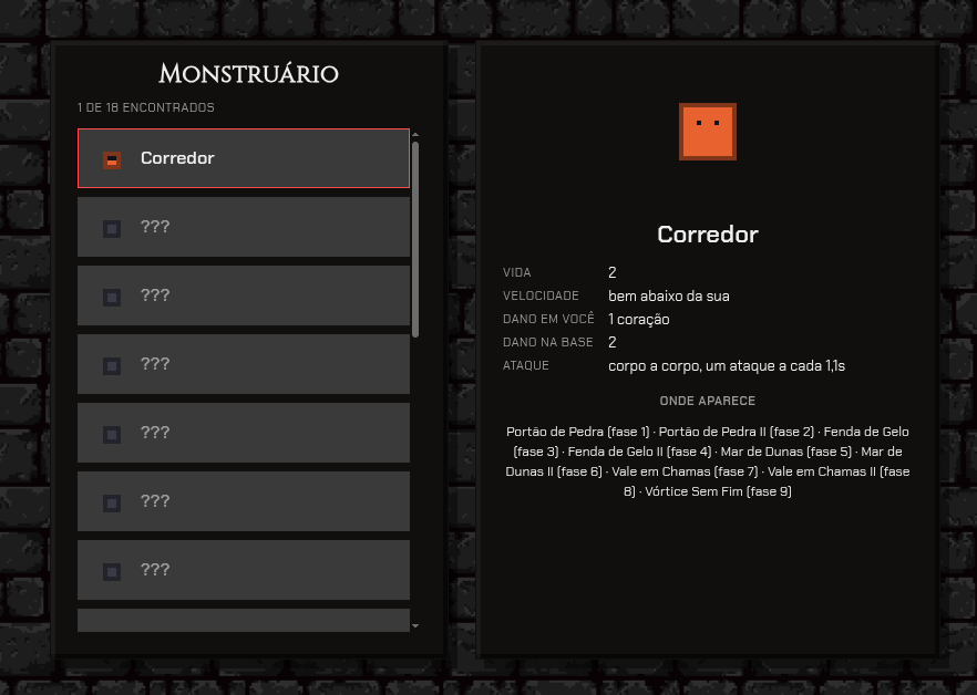 Monstruário ocupando a tela inteira, marcando "1 de 18 encontrados": na lista à esquerda só o Corredor está aberto e os demais aparecem como silhueta cinza com "???"; à direita, a ficha do Corredor com vida, velocidade, dano em você, dano na base, ataque e as fases onde ele aparece