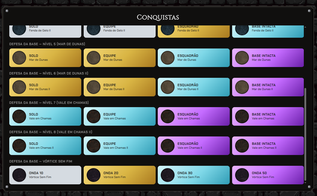 Tela "Conquistas" rolada até o fim, com uma fileira por fase e quatro colunas (Solo, Equipe, Esquadrão e a nova "Base intacta"): no Mar de Dunas as medalhas vão de ouro a lendário roxo, e no Vale em Chamas e no Vale em Chamas II elas já são diamante e lendário. Na última fileira, "Defesa da base, Vórtice Sem Fim", as quatro marcas novas: Onda 10, Onda 20, Onda 30 e Onda 50, essa em lendário
