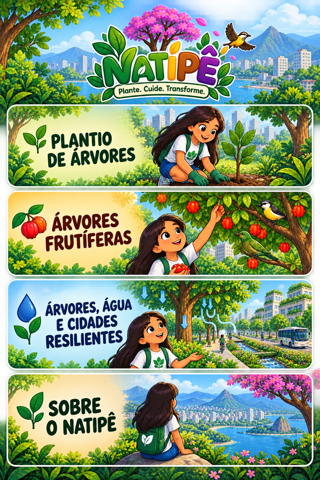 Menu do NATIPÊ com quatro áreas: Plantio de Árvores, Árvores Frutíferas, Árvores, Água e Cidades Resilientes e Sobre o NATIPÊ