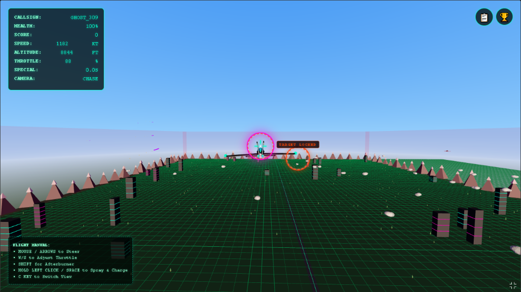 Sky Warriors 2 HUD view — fighter jet cockpit with health, speed, altitude and flight controls in a 3D browser dogfight game
