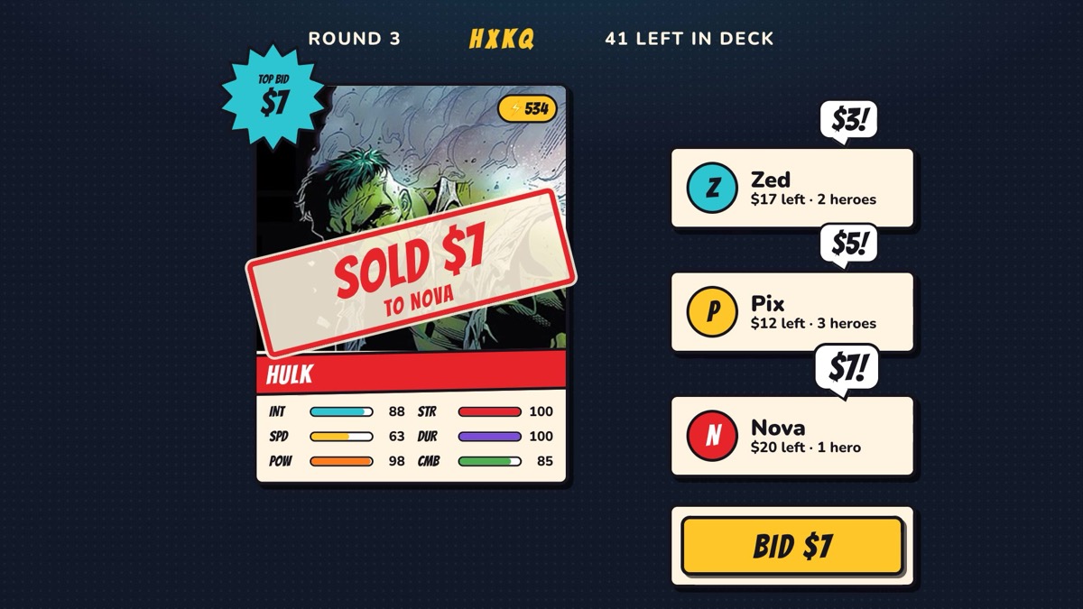An auction round in Hero Drafts: Hulk sold for $7 to Nova