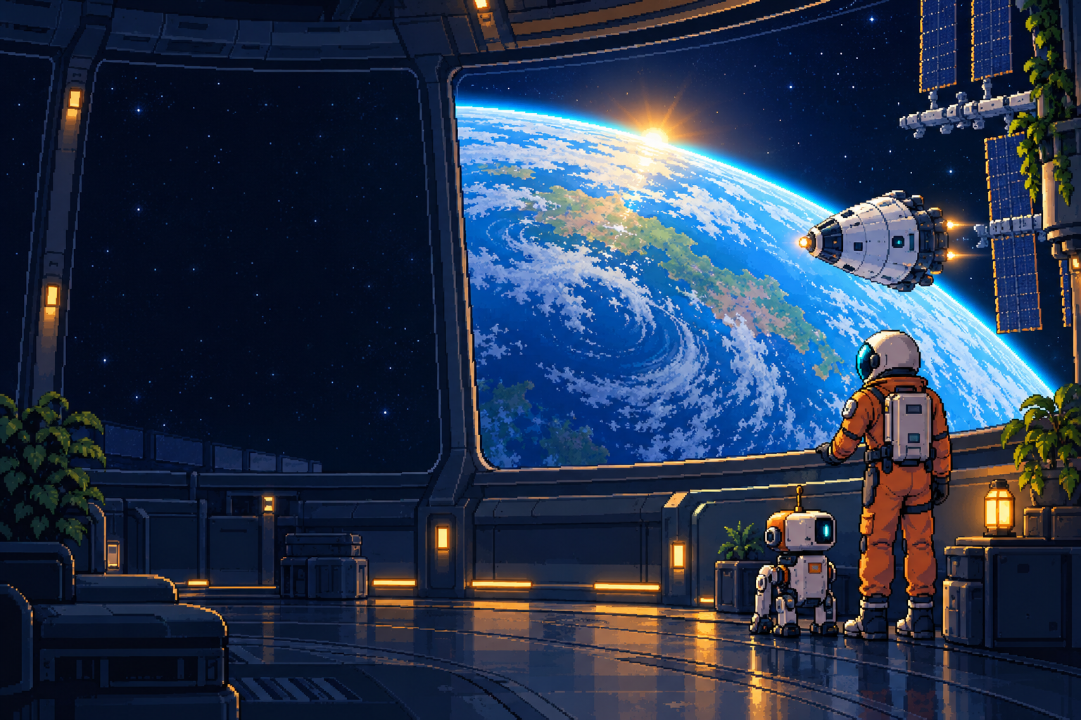 A pixel astronaut watches a capsule approach an orbital station above the blue Earth