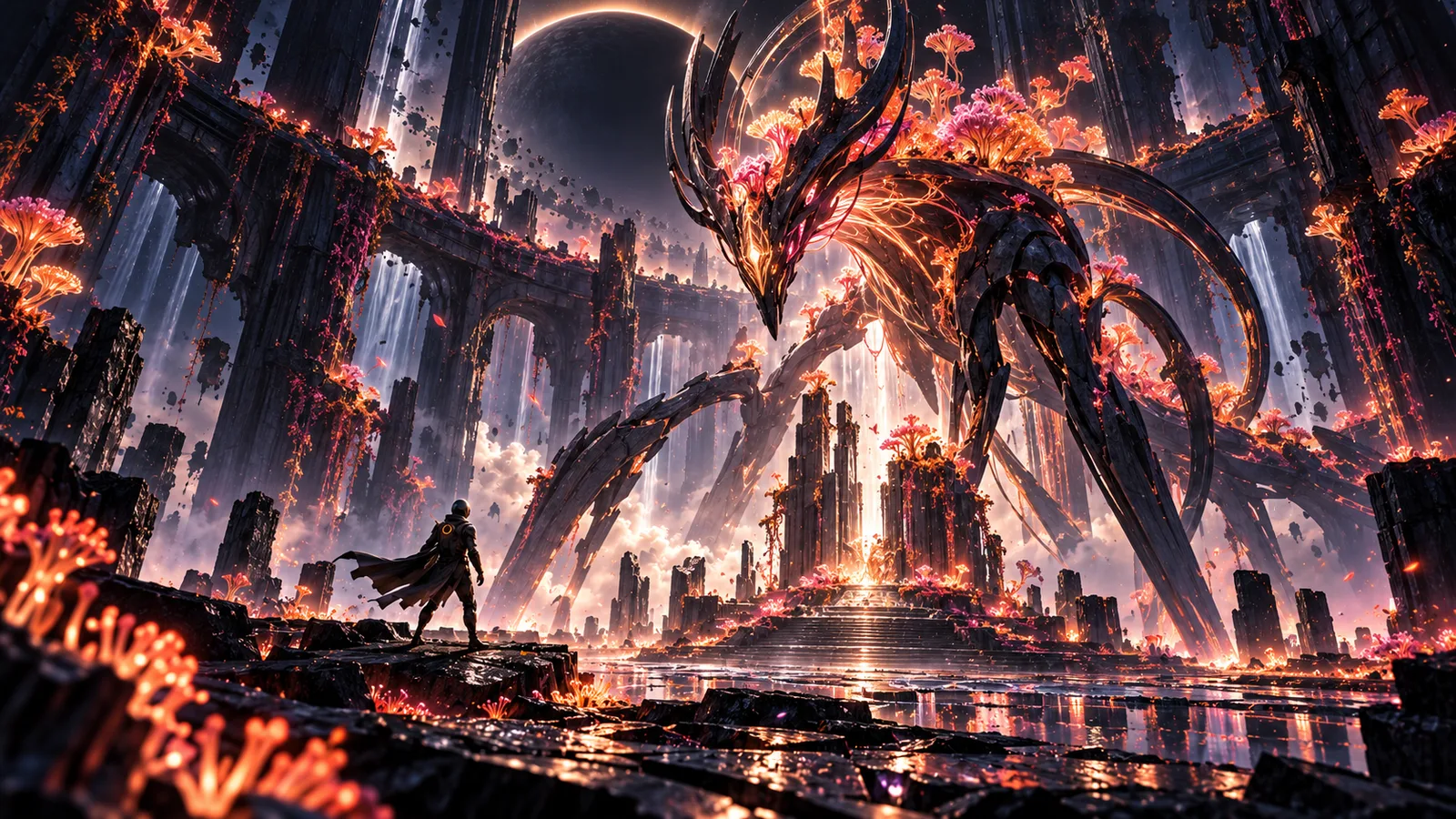 An explorer faces a towering machine-creature in a luminous ruined chamber