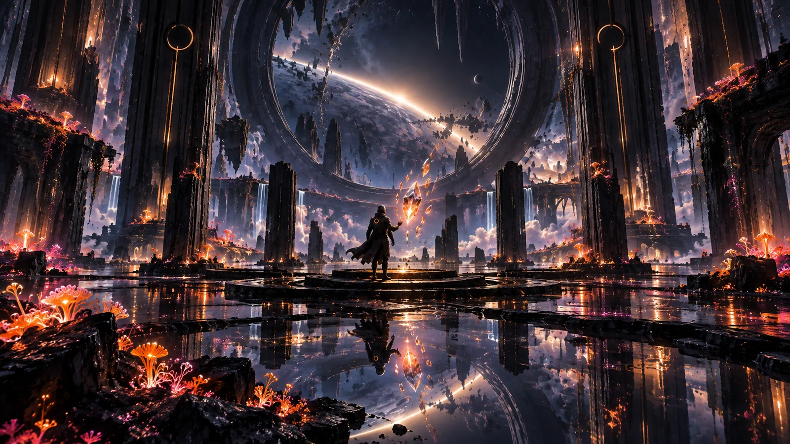 An explorer reaches toward a floating amber memory in a reflective observatory