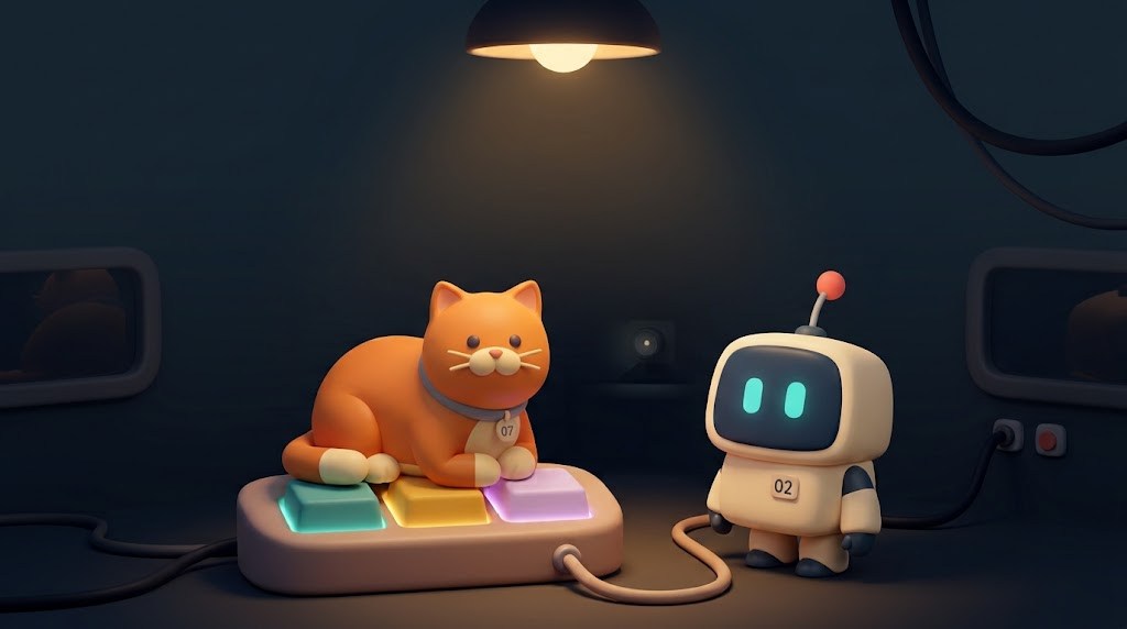 An orange cat loafs on a three-key control board under a lamp, next to a small cream robot, in a dark workshop.