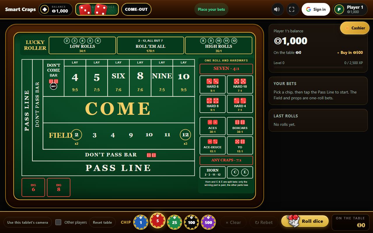 The Smart Craps table: the pass line, come and field betting areas, hardways and one-roll bets, with chips and a roll button along the bottom.