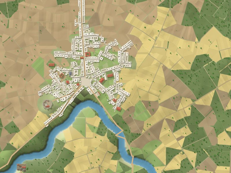 A town plan with its river, fields and walls