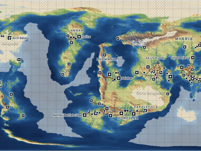 World map with continents, realms and towns