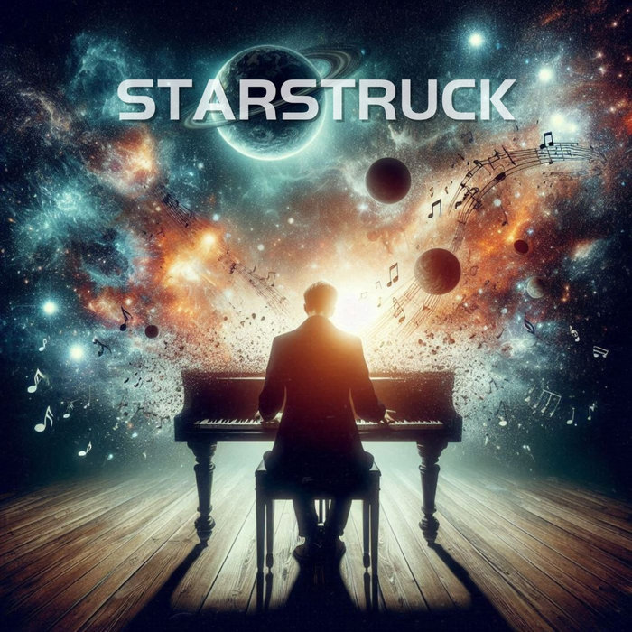 Starstruck album cover: a pianist at a grand piano beneath planets and a field of stars