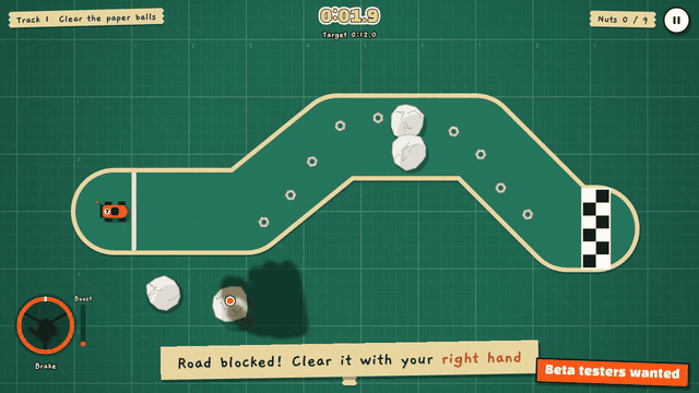 Gameplay: clearing paper balls with the right hand while driving with the left