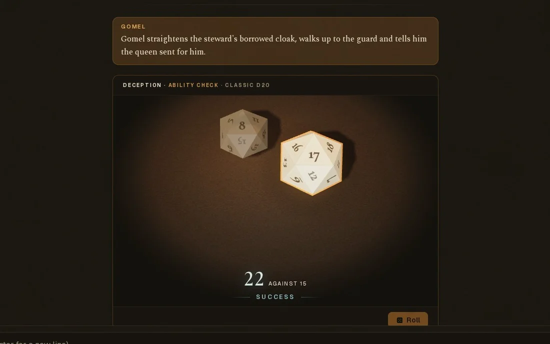 The story page: Gomel bluffs past a guard and the 3D dice roll for it, 22 against 15, success