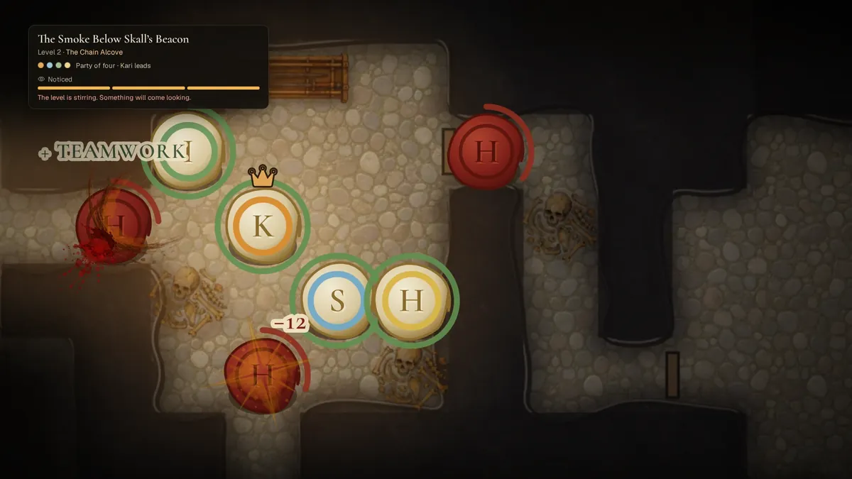 A party exploring a dungeon map room by room
