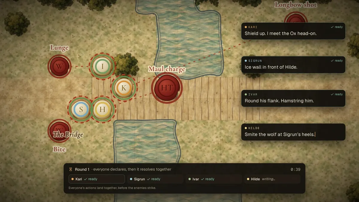 A party fight on a battle map, each hero's move declared for the round