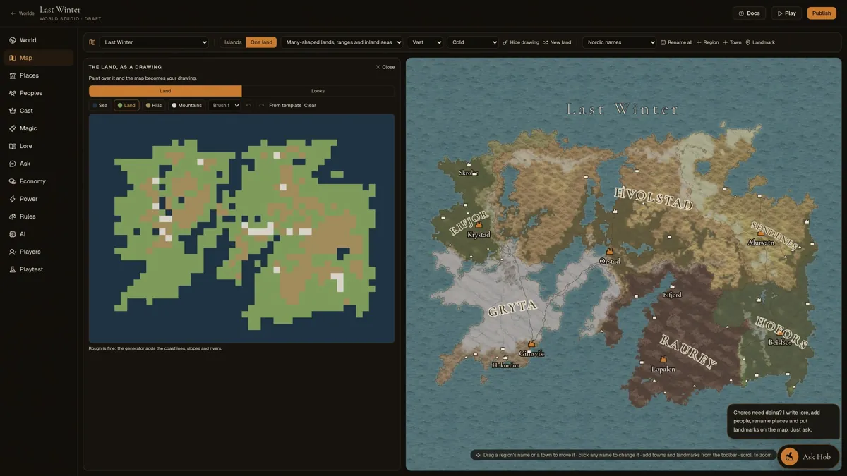 The World Studio: a hand-drawn land beside the world map it grew into