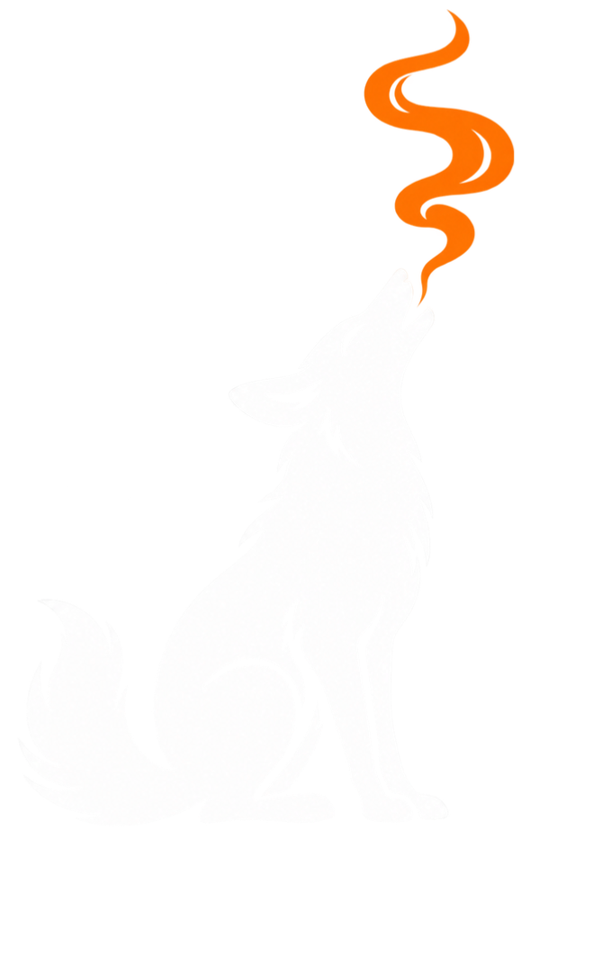 CoyoteSmoke, a white coyote looking upward with orange smoke