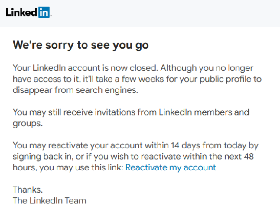 LinkedIn account deletion email
