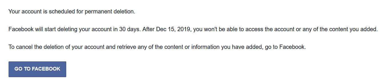 Facebook account deletion email