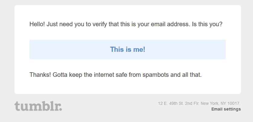 Tumblr account confirmation email