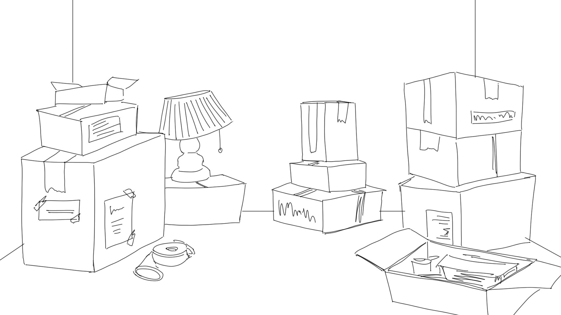 Illustration of a room filled with stacks of moving boxes