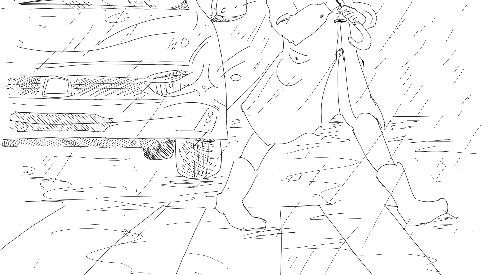 Illustration of a pedestrian crossing a crosswalk in the rain, with 
  a car stopped in front of the crosswalk to let them pass