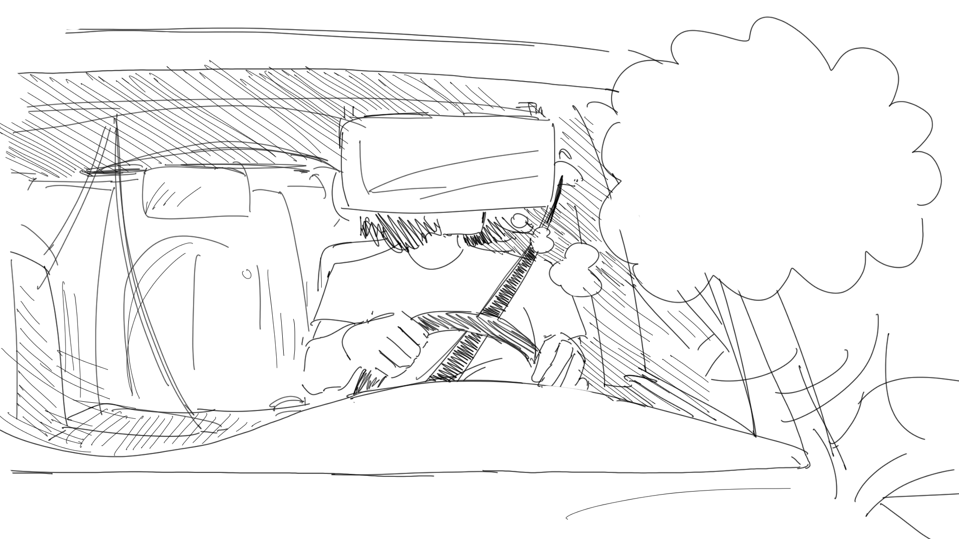 Illustration of the poet driving with a thought bubble containing the text