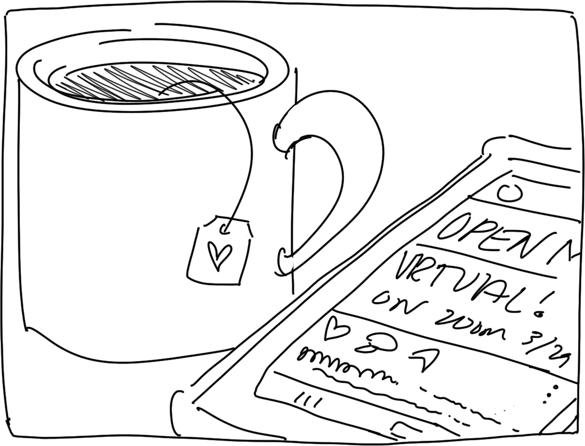 Illustration of a smartphone resting beside a tea mug, screen open to an Instagram
    post promoting a virtual open mic