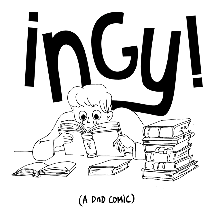 A young man sits at a table reading from a book, surrounded by stacks of book. In large black letters, the title reads, Ingy!